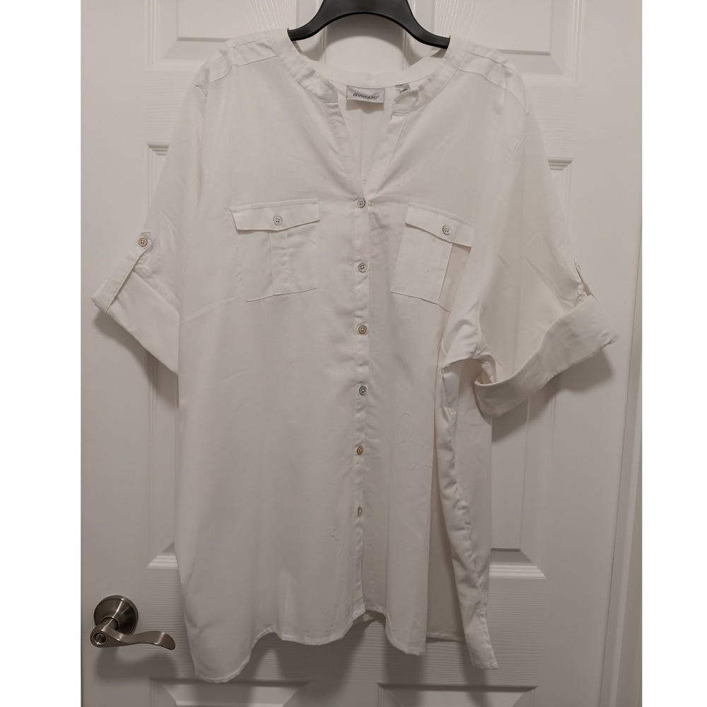 Avenue Womens Plus Size 30/32 White Linen Cotton Blend Roll Tab Button‎ Up Tunic